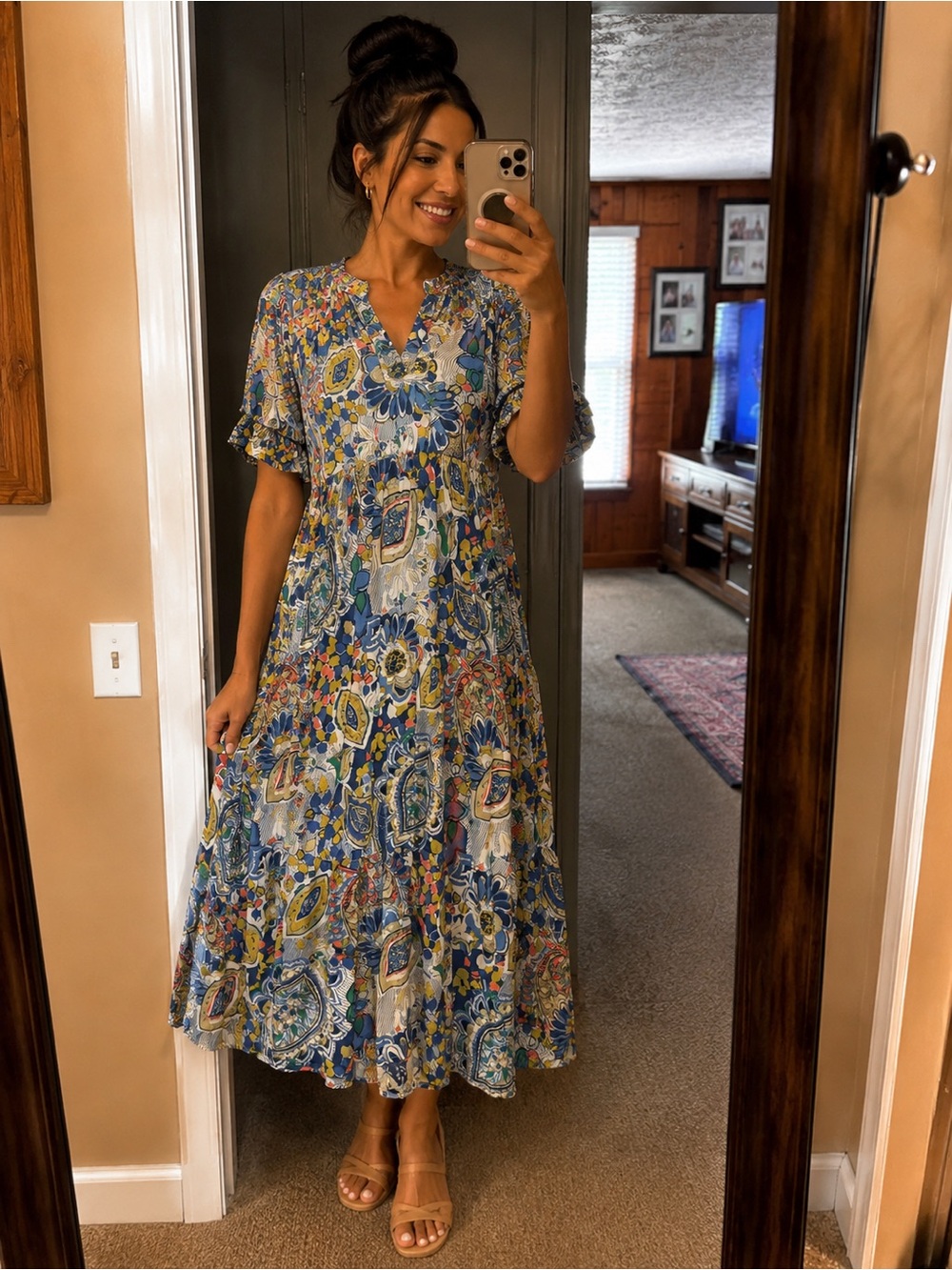 Umgee Blue Paisley Dress with Multicolor Floral Accents